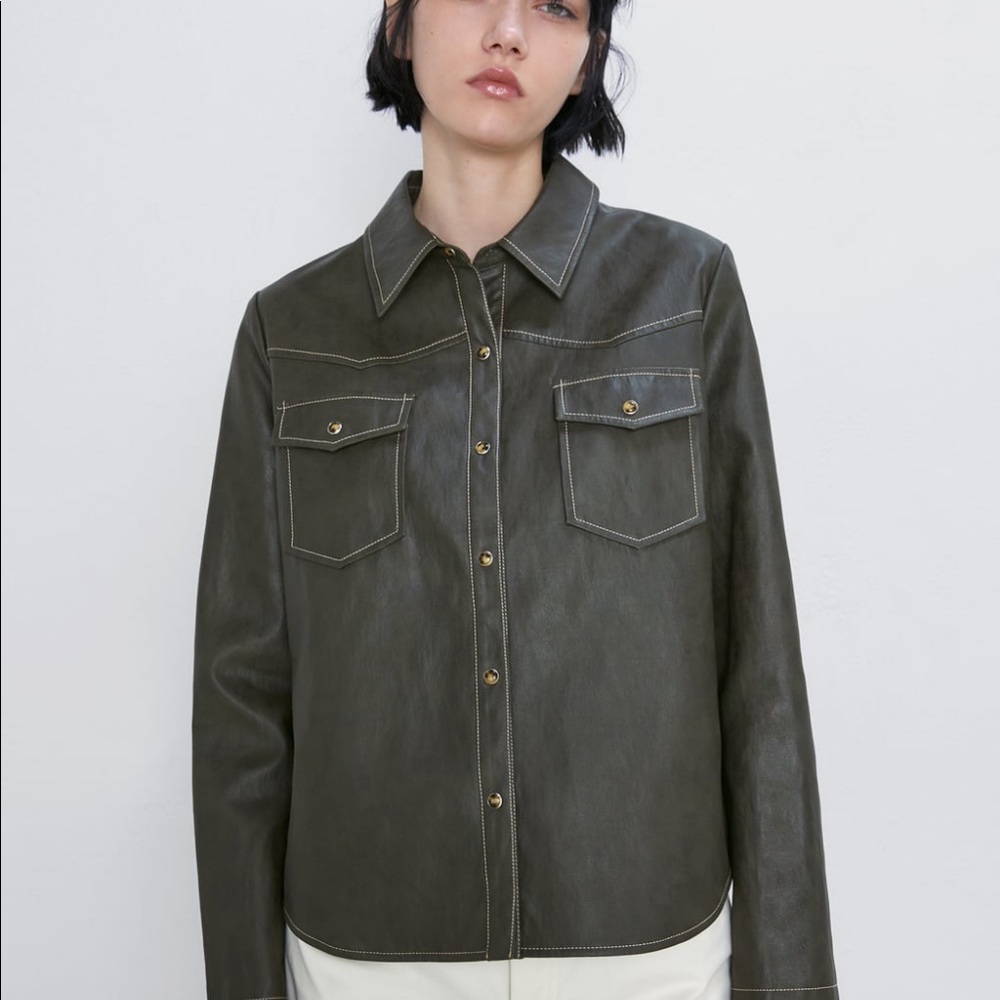 Zara green faux leather button up shirt